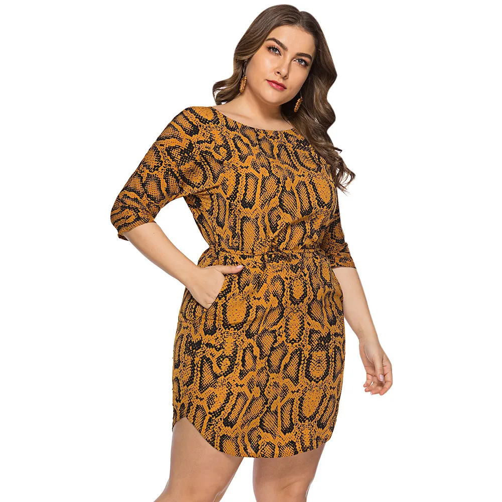 Kenancy Women Plus Size Dress Snake Print Sexy Bodycon Mini Dresses Summer O-Neck 3/4 Length Sleeves Pocket Irregular | Женская одежда
