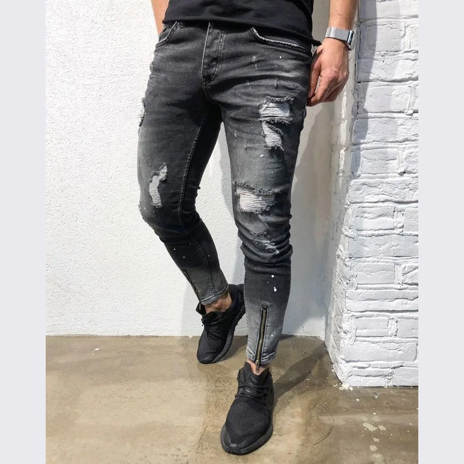 Moomphya 2019 New Distressed holes skinny jeans men Streetwear hip hop ripped for Black biker | Мужская одежда