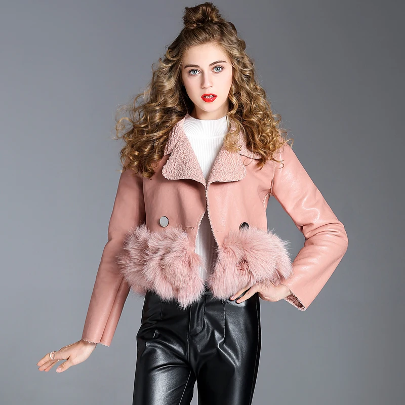 High Quality PU Leather jacket 2018 New Fashion Female Spring Autumn Lambswool Fur Stitching Casual Coats Ladies Outwear | Женская