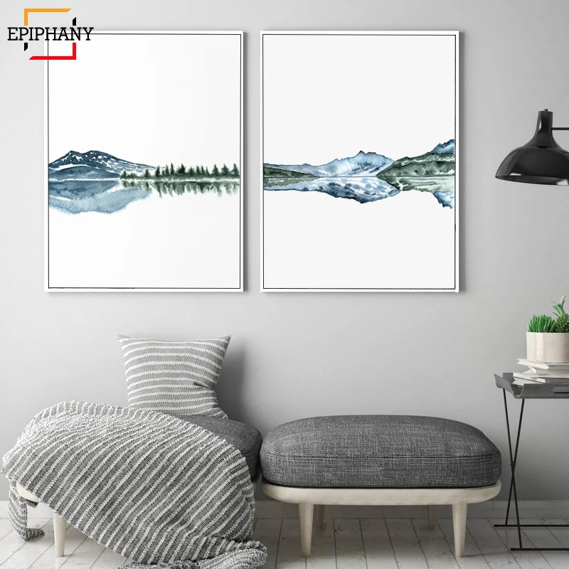 Скандинавский акварельный плакат и принты горный озеро пейзаж абстрактный