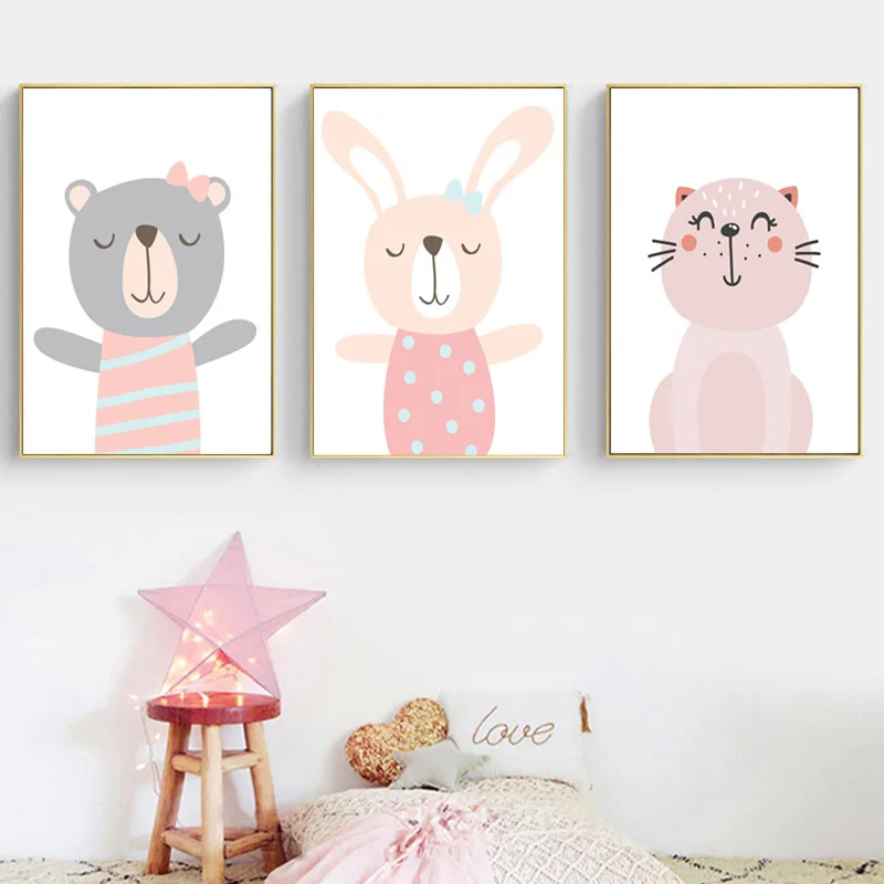 Kawaii настенный постер на холсте для детской комнаты медведь кот кролик принт