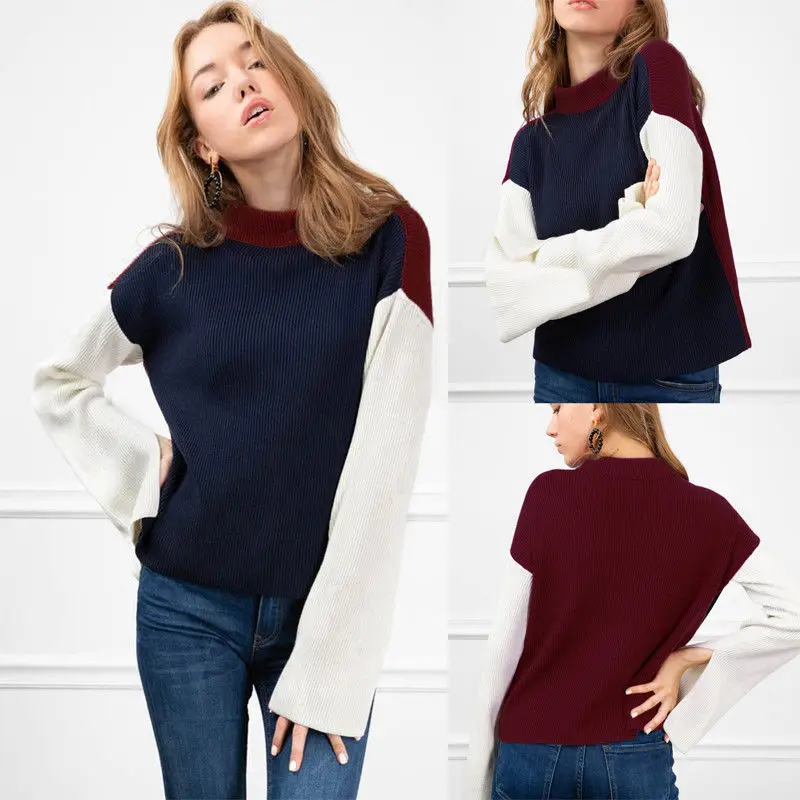 

2019 Fashion Women Turtleneck Long Sleeve Sweater Knitted Top Shirt Knitwear Pullover Spring Fall Tops Loose Patchwork Clothes