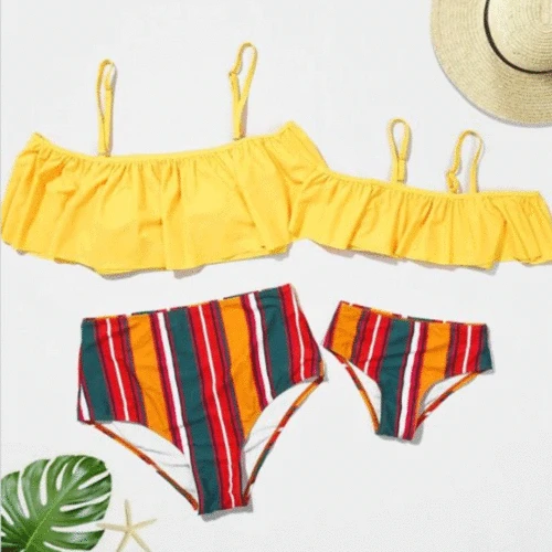 Двойка XXL Семейные комплекты купальные костюмы с оборками для мам и дочек в