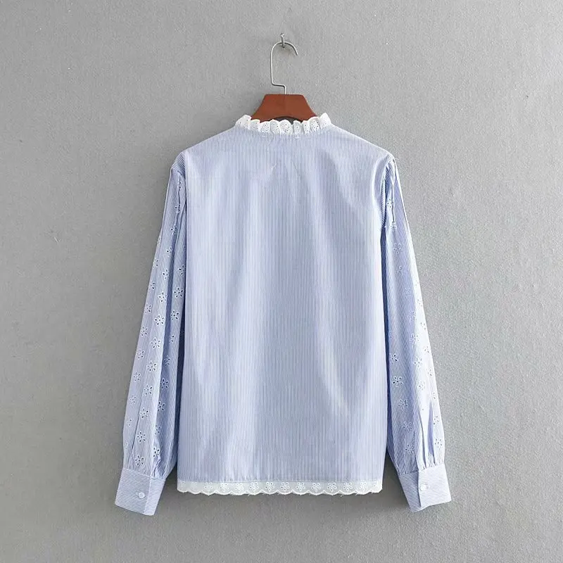 Весна 2019 Женские Рубашки В Полоску Хлопок выдалбливают Вышивка Кружева