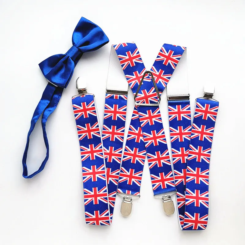 Новый дизайн, комплект с галстуком-бабочкой на подтяжках с британским флагом, королевский синий галстук-бабочка, большие мужские и женские ...