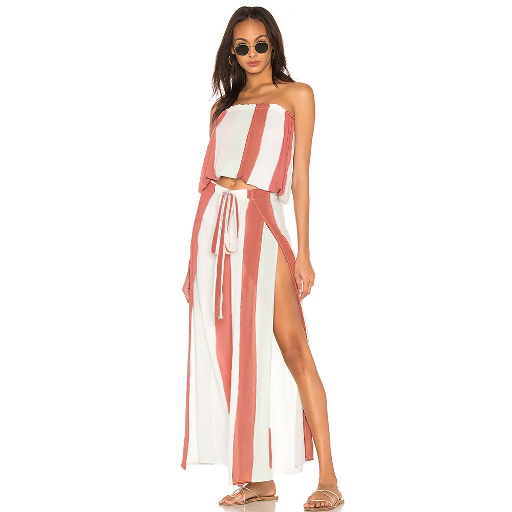 Women Wide Leg Pants 2019 Summer Hot Sexy High Split Yoga Pants High Waist Loose Palazzo Pants Striped Long Trousers Beach Pants