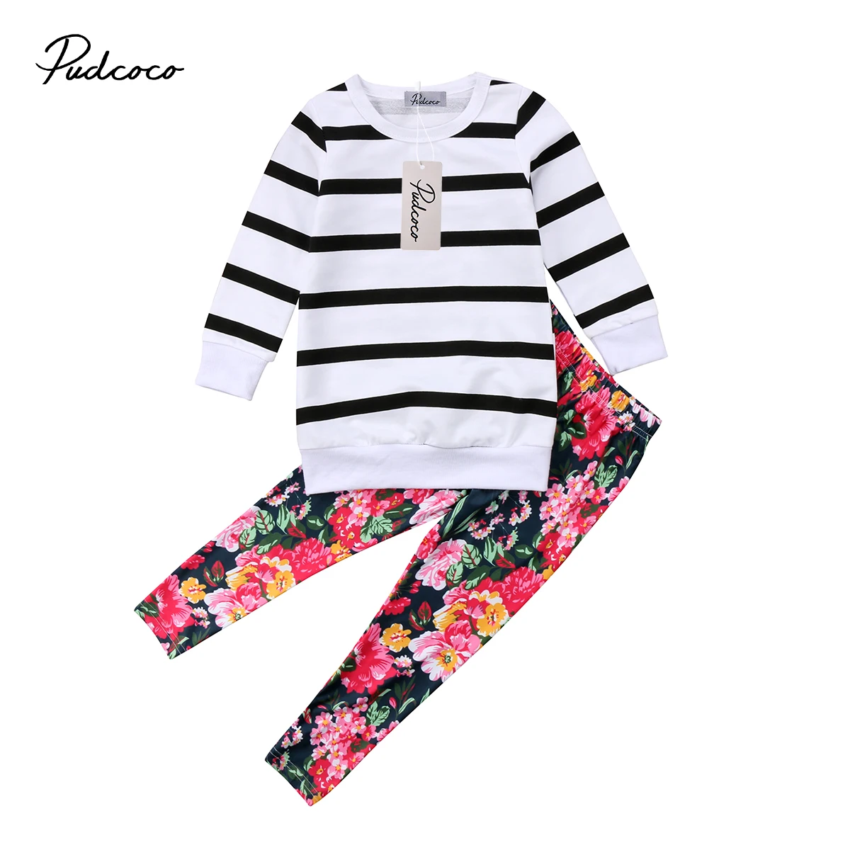 

Женская футболка в полоску для маленьких девочек, топы и брюки с цветочным принтом, комплект одежды с длинным рукавом