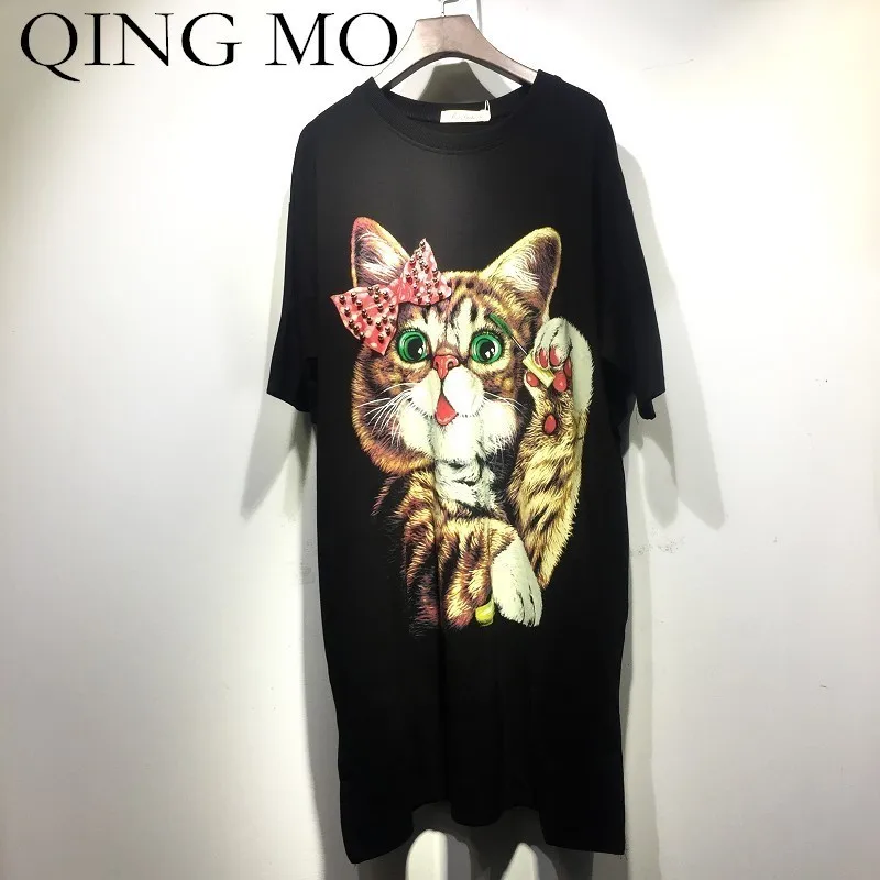 QING MO платье с мультяшным принтом женское черное коротким рукавом летнее