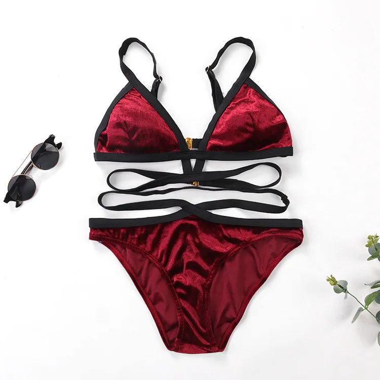

Active Sexy Women Beach Swimsuit Solid Sling Velvet Backless Flex Elasticity Bra+shorts 2 Piece Mujer Fashion Bikini Biquini