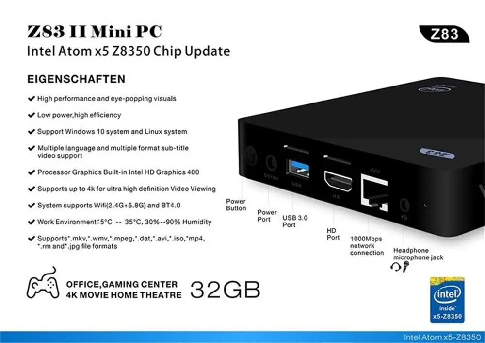 Z83II мини ПК Intel Atom X5 Z8350 четырехъядерный Win 10 и Linux 4 Гб 64 Z83 II смарт бокс 2 4G 5 8G wifi BT4.0 1000