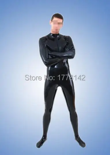 Черный латексный костюм комбинезон на молнии спереди сексуальный зентай носочки
