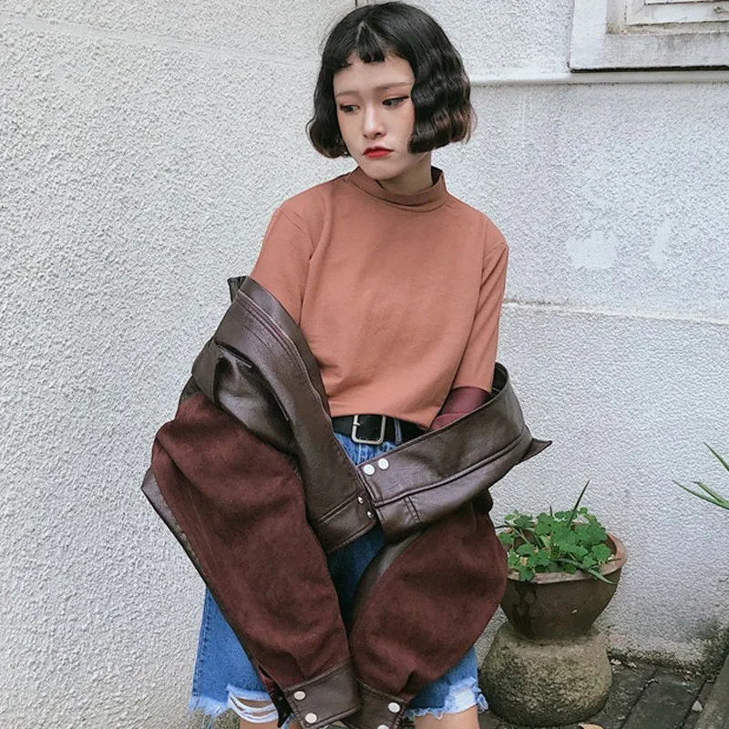 

Gothic Punk Short PU Leather Jacket Women Slim Zipper Faux Sheepskin Jacket Lapel Collar Motor Coat Cool Autumn Outwear Okd773