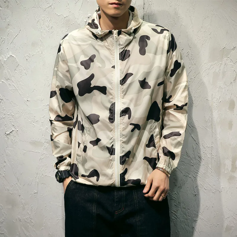 New Cartoon Plus Size 5XL Jackets Camouflage Print Fresh male Big Thin Jacket Men's Coat Doodle Hooded Sunscreen Moletom | Мужская