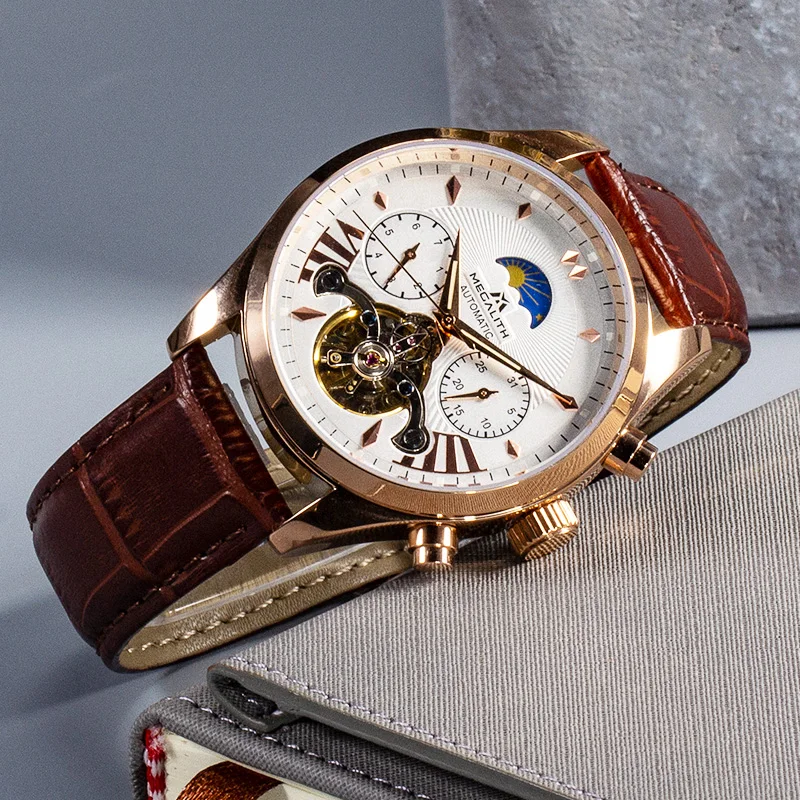 MEGALITH Модные мужские автоматические механические часы Tourbillon кожаные