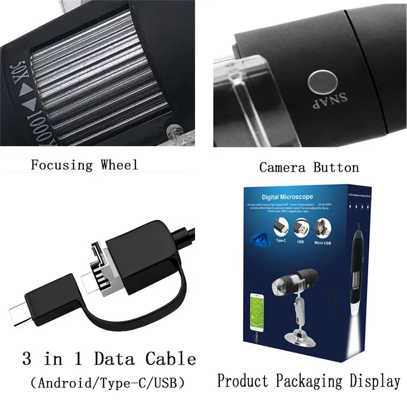 Микроскоп HD 2.0MP 1000X 3 в 1 USB Wi Fi для телефона микроскоп Type c стерео электронный