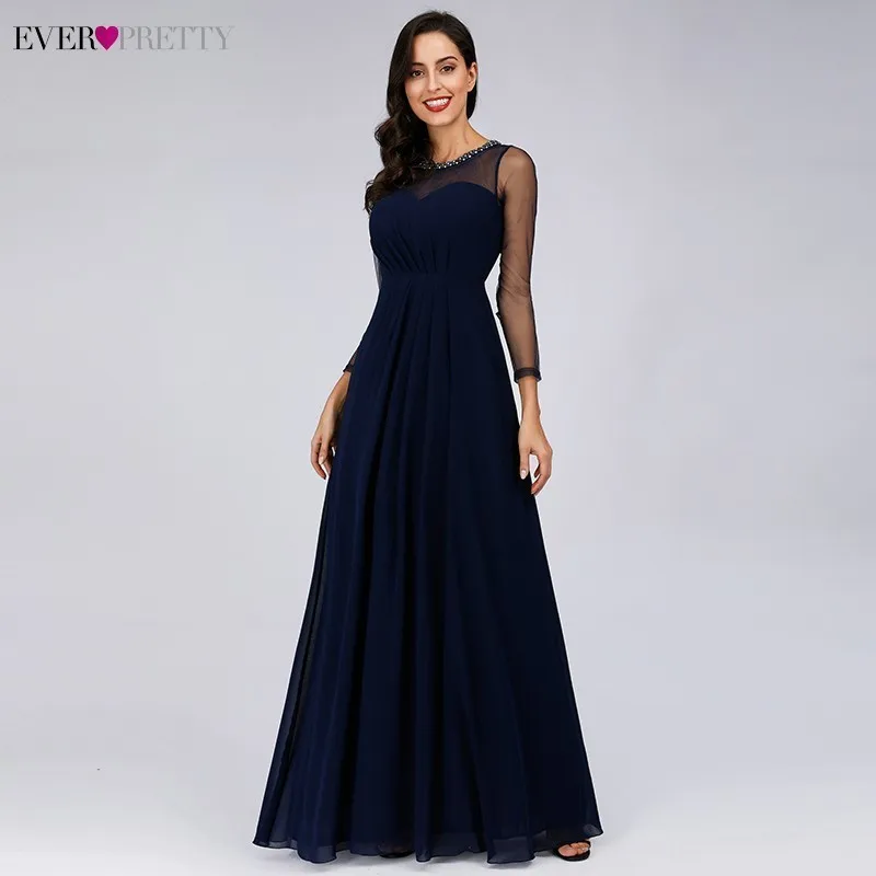 Темно синие длинные платья подружек невесты Ever Pretty A Line с длинным рукавом