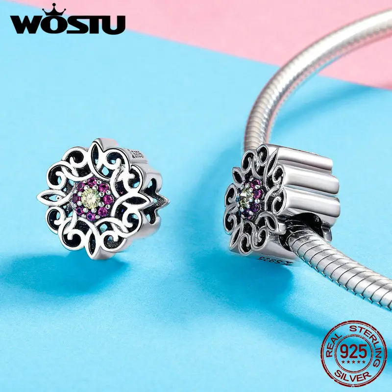 WOSTU винтажные 925 Серебряный цветочный Шарм калейдоскос CZ бусины подходят для