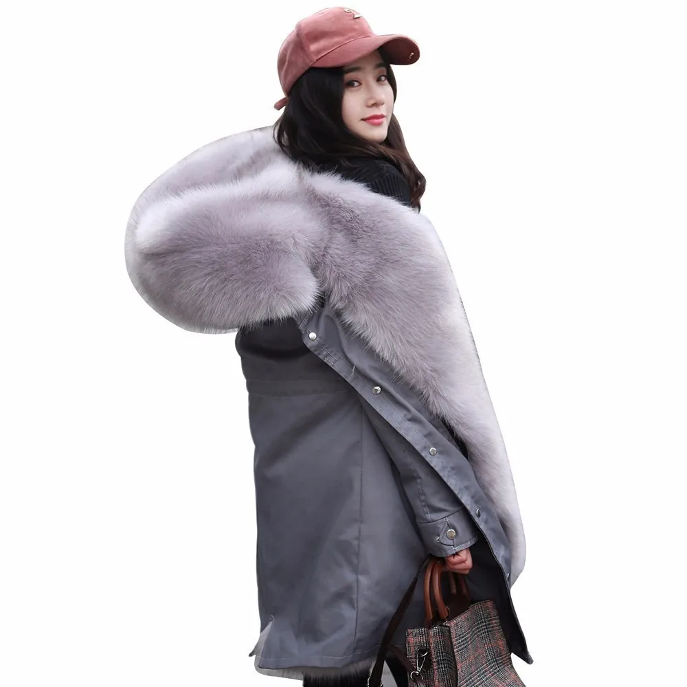 Women Fox Fur Coat 2018 Winter New Warm Pink Lining Suede Fur Camo Thick Jacket Hooded Collar Parka Plus Size Outerwear PJ313
