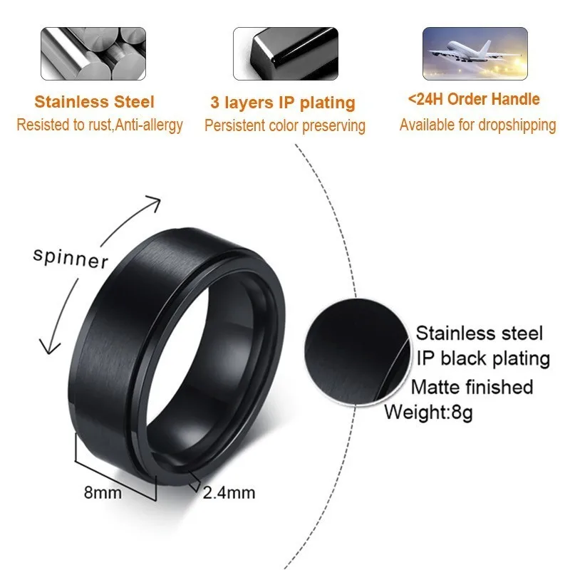 Vnox персонализированные Нержавеющая сталь черный Спиннер класс кольца для Для