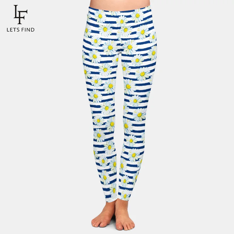 Fashion Women  High Waist Leggings  3D Printing Chrysanthemum High Quality Milk Silk  Nine-point Leggings