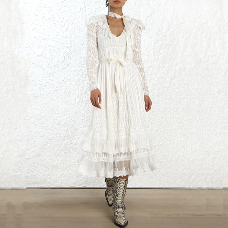 2018 зима Boho Элегантный кружево длинное платье для женщин взлетно посадочной