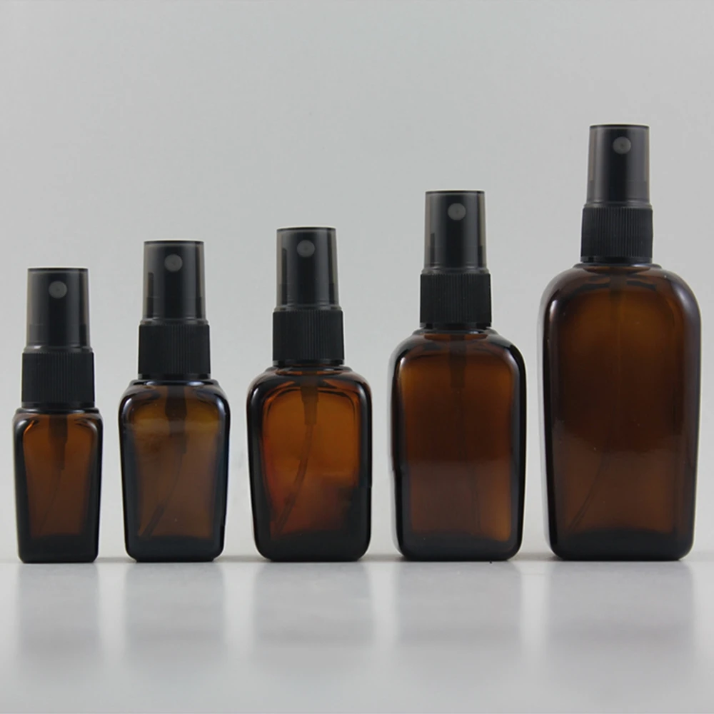 

50pcs 100ml square amber glass perfume pump bottle, Amber Glass bottle with black mist spray pump, Glass Packaging for toner