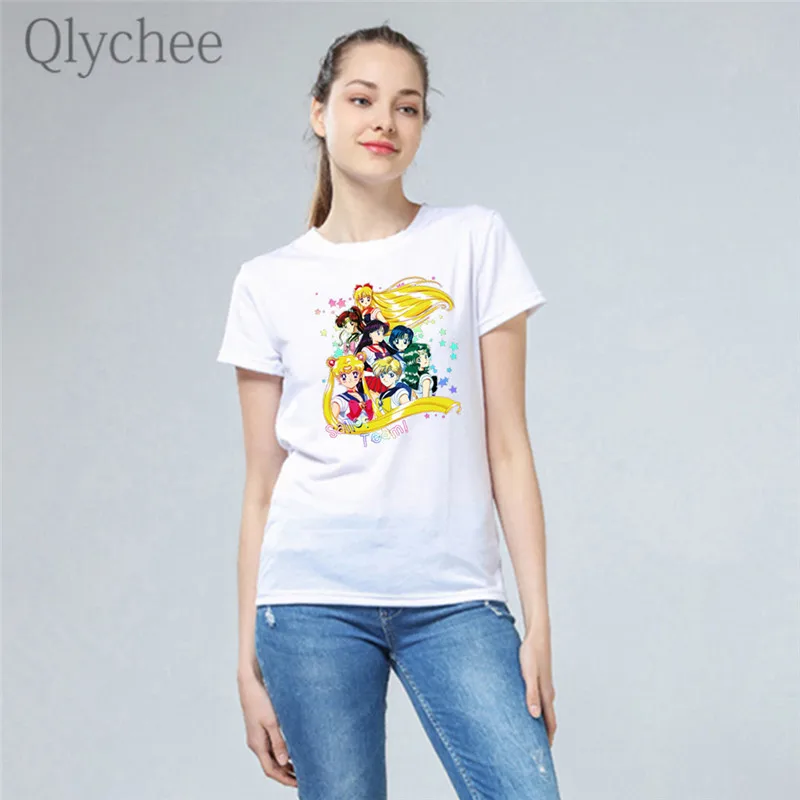 Женская футболка Qlychee Harajuku Sailor Moon Повседневная Свободная белая с коротким