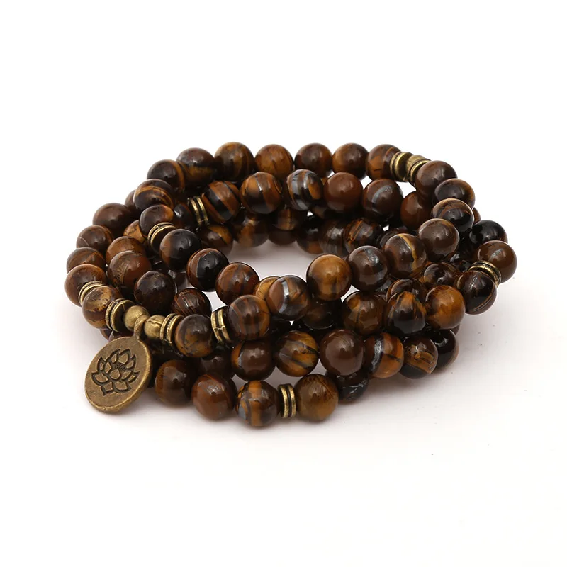 

8mm Tiger Eye Stone Beads Strand Charm Chakra Bracelet or Necklace Yoga Lotus OM Buddha 108 Mala Bracelet for Men Women