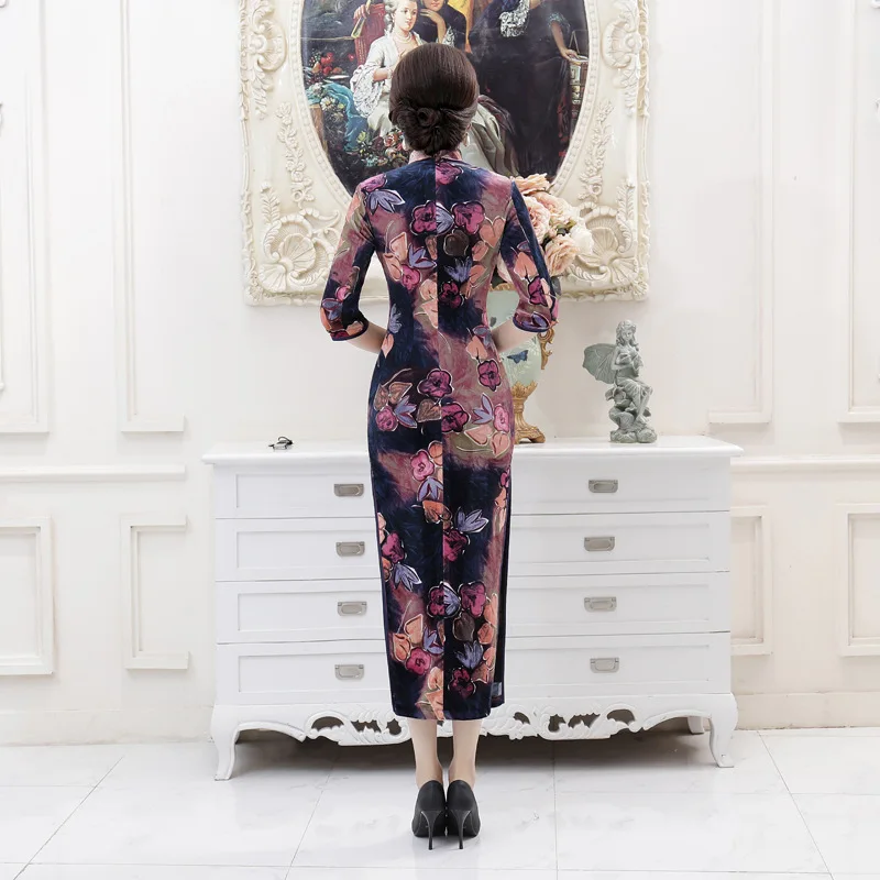 Китайское современное велюровое платье длинное Qipao чонсам Восточный стиль