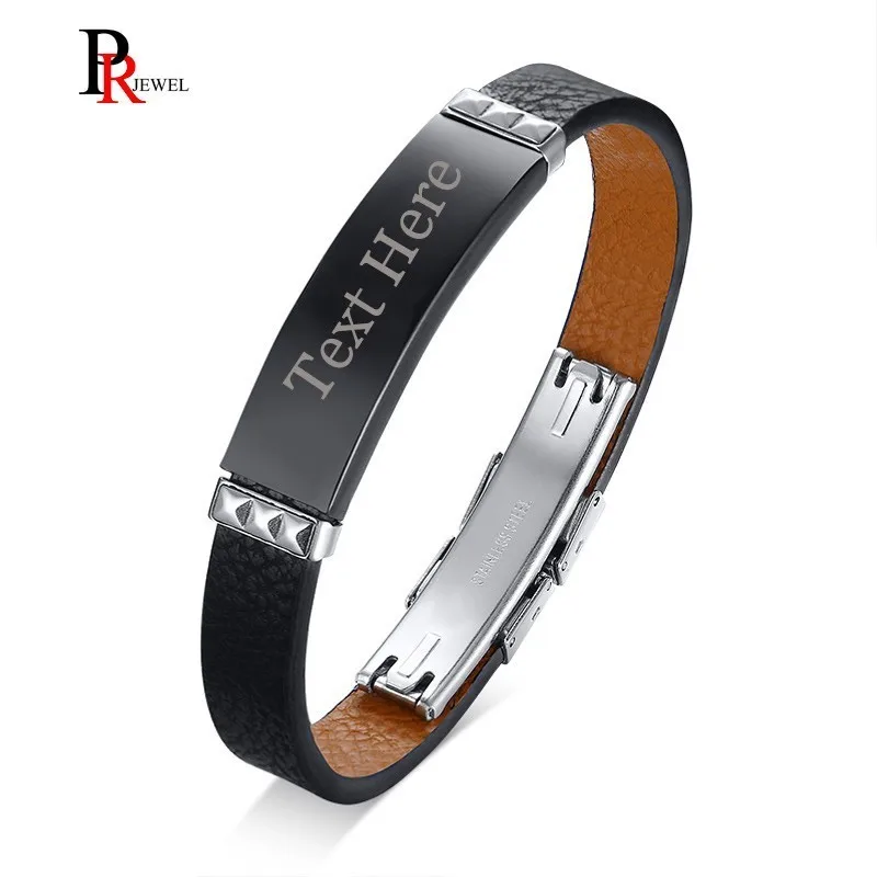 

Mens Genuine Black Leather Bracelets Bangles Free Engraving Stainless Steel ID Tag pulseira Male Jewelry