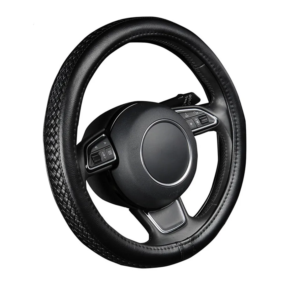 

38cm/15" Diameter PU Leather Steering Wheel Cover Black Texture with Anti-slip Braiding Car Styling