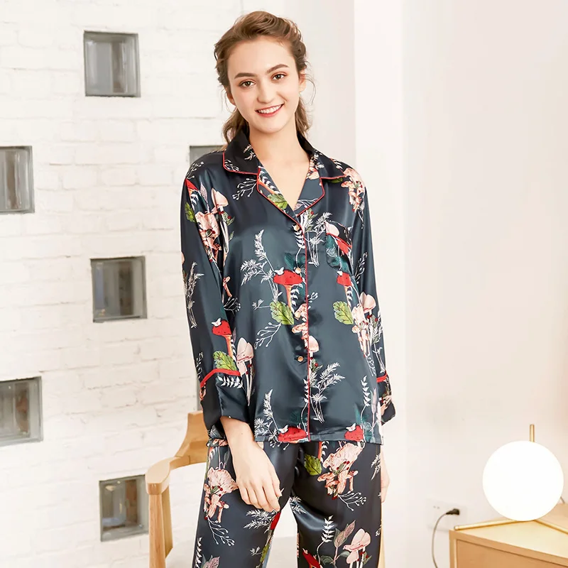 2019 pyjamas women Silk Pajamas Ms. Season Long-Sleeve Trousers Home Service Two Piece Set sleep &amp lounge pajama sets | Женская
