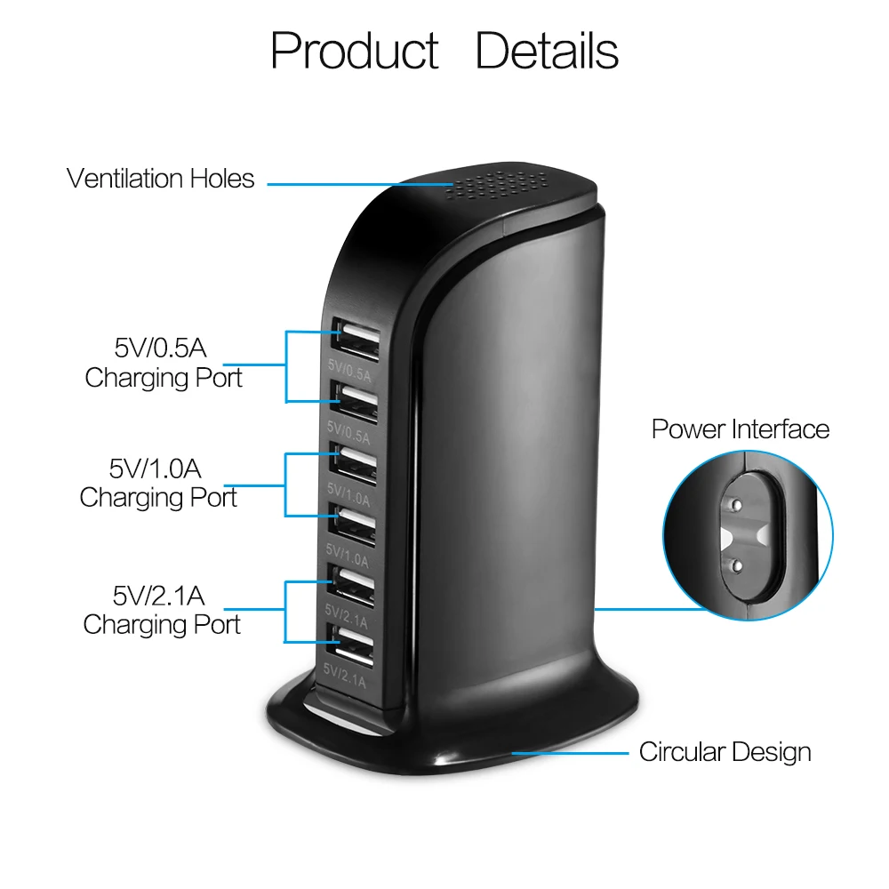 Powstro 6 Порты USB Зарядное устройство 30 Вт Выход 6A зарядная станция вентиляционные