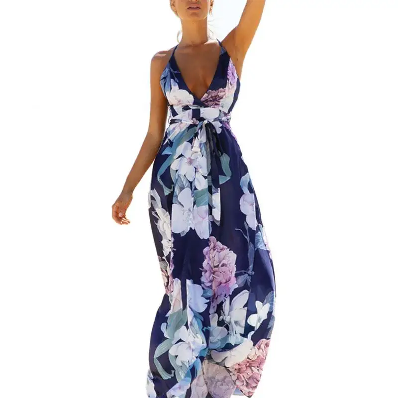 

New Women Deep V-neck Sleeveless Spaghetti Strap Sexy Backless Print Elegant Long Dress Hot Sale 2019