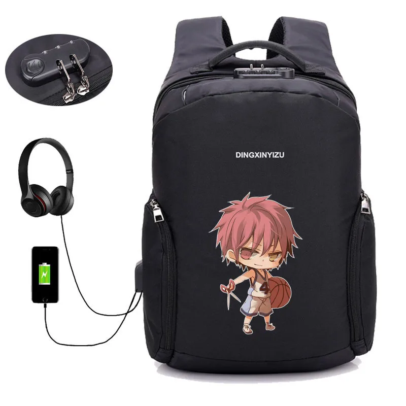 Рюкзак для ноутбука Kuroko no Basket с защитой от кражи и USB зарядкой водонепроницаемый