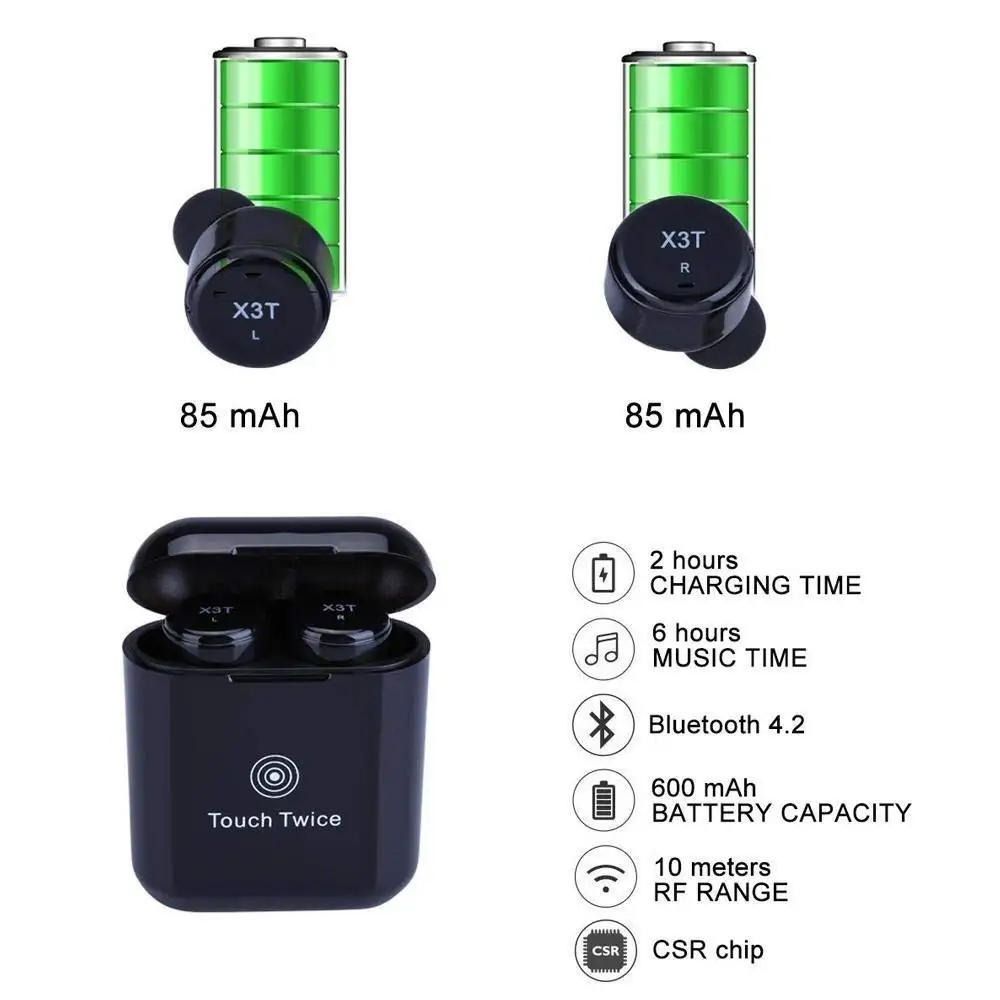 Top Deals X3T Touch-Control Wireless Bluetooth Stereo Earbuds True Cordless Headphones Headsets with Microphone Charging Box | Электроника