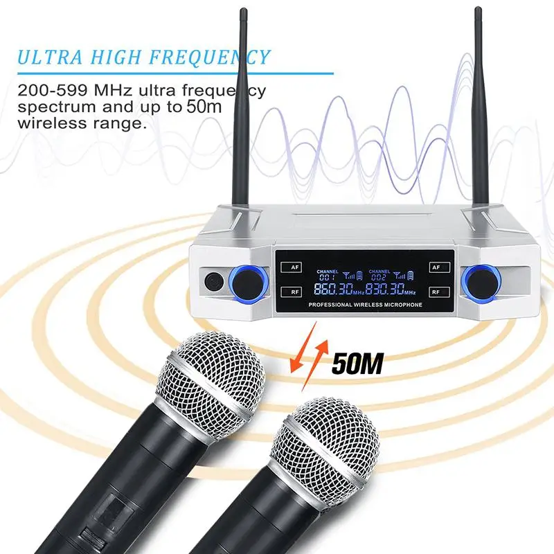 Профессиональный UHF беспроводной микрофон 2 канальный ручной Kraoke вечерние