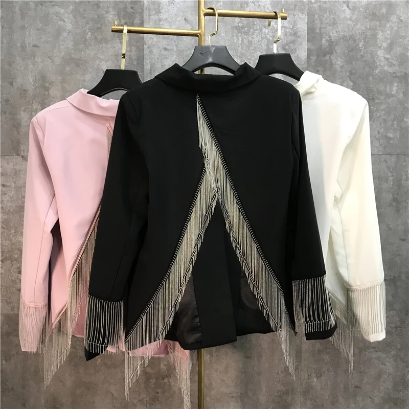 2019 New Pattern Spring Solid Patchwork Single Button Back Tassel Design Net Red Casual Coat Women Fashion Tide Q747 | Женская одежда