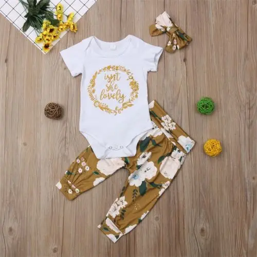 Топы для новорожденных девочек комбинезон штаны с цветочным рисунком комплект