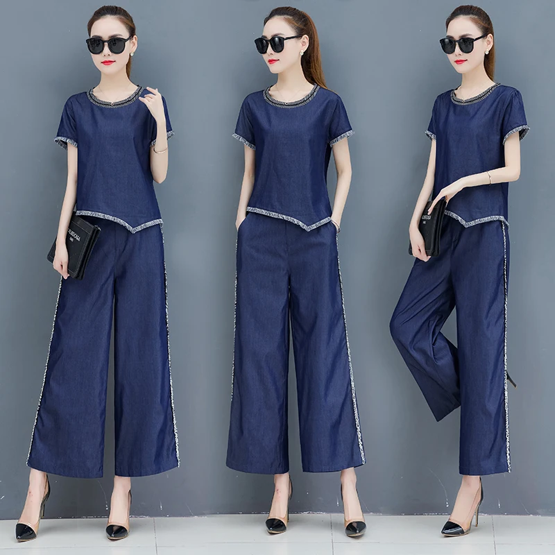 Женские повседневные джинсовые брюки комплект из 2 предметов: рубашка с круглым