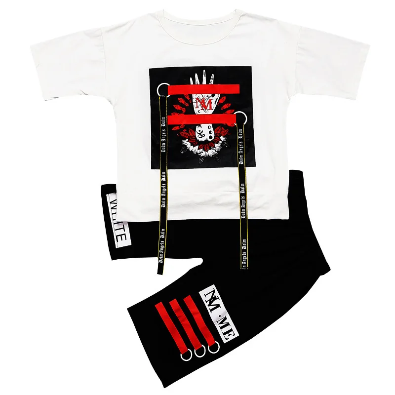 2018 New Children's Cool Hip Hop Dance Clothes Set Kids Performance Cotton Short Sleeve Pattern Belt T-shirt+Short Pants Suits | Детская