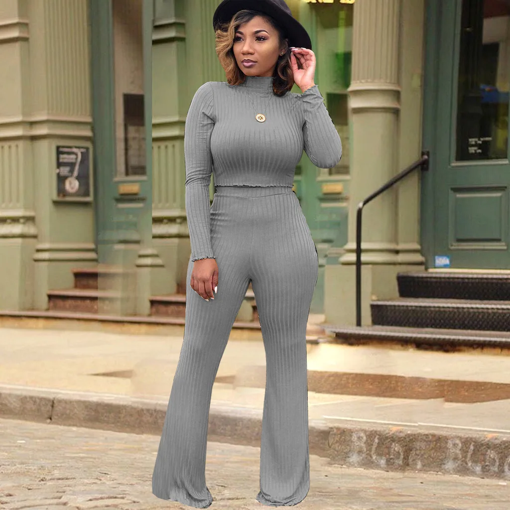 Клубный сексуальный комплект укороченный топ и штаны широкие брюки однотонные