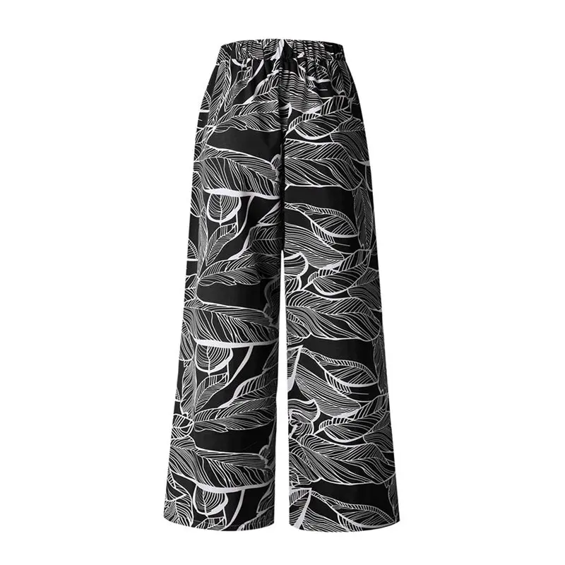 Женские свободные брюки Boho черные с принтом в виде листьев для улицы путешествий