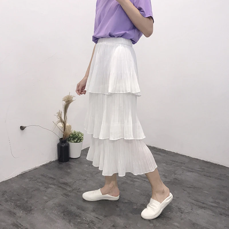 

Женская плиссированная юбка средней длины, однотонная сетчатая юбка с каскадными оборками и высокой талией, весна-лето 2019