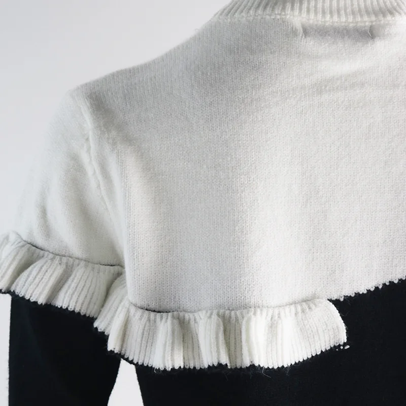 Black White Contrast Color Ruffles Sweater Woman Casual O Neck Long Sleeve Patchwork Pullovers Tops 2018 Wool Knitted Sweaters | Женская