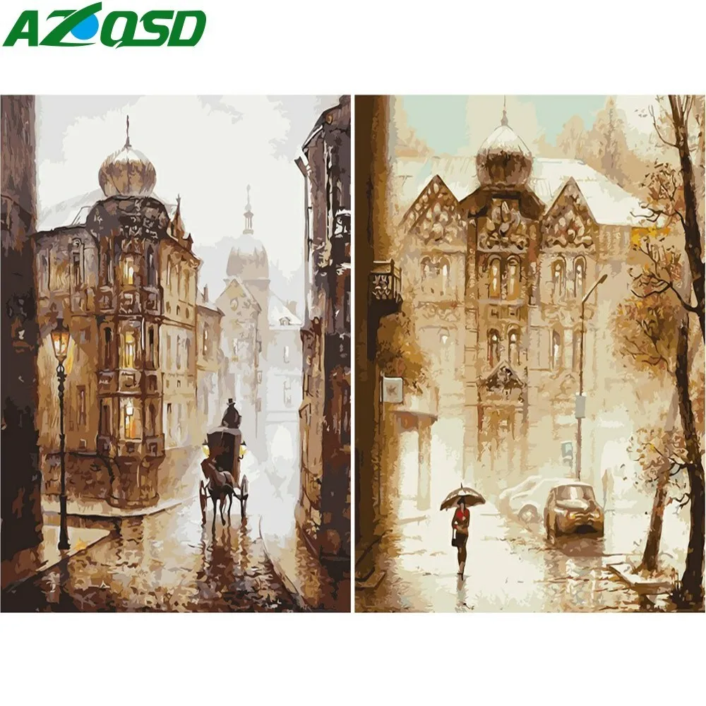 AZQSD улица из масляной живописи по номерам краска дождь DIY холст Картина Ручная