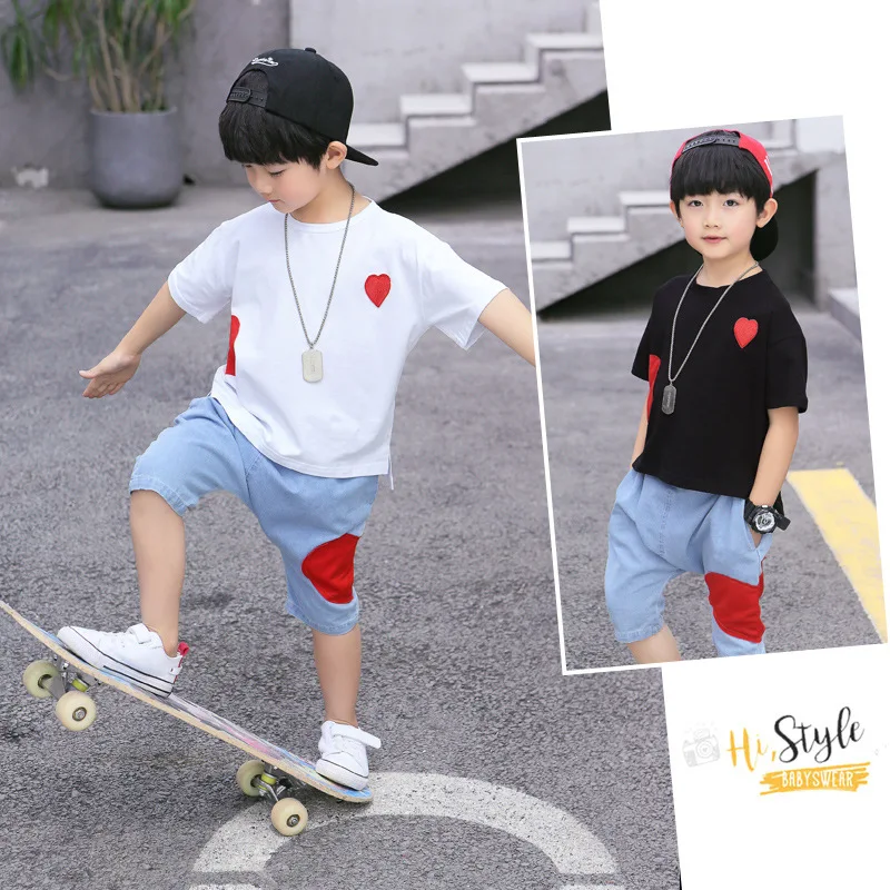 children casual patch 2 pcs set age for 3 - 12 yrs baby boys summer clothes t-shirt+short-pants simple school outfits 2019 | Детская