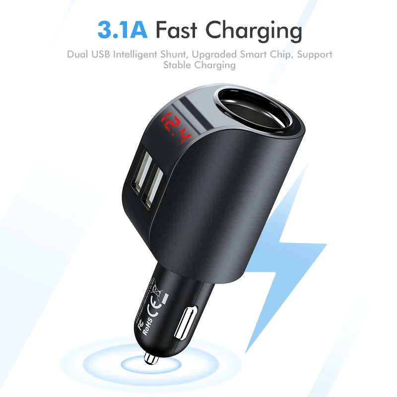 Автомобильное зарядное устройство FLOVEME Dual USB для телефона с цифровым дисплеем