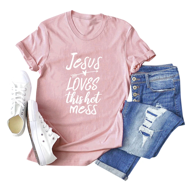 Женская летняя хлопковая Футболка Jesus Loves This Hot беспорядок размера плюс женская