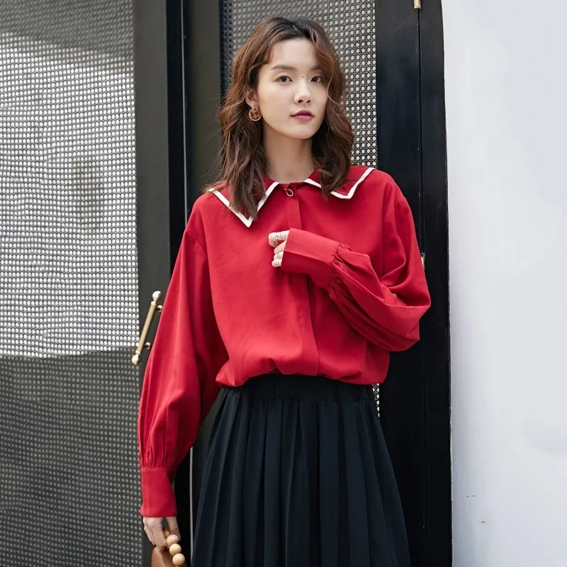 TWOTWINSTYLE Vintage Womens Shirts Blouse Sailor Collar Lantern Long Sleeve Hit Colors Embroidery Tops Female Spring 2019 New |